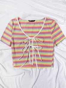Rainbow Stripe Tie Front Crop Top - Multicolor - View 5