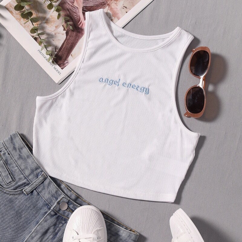 

Slogan Embroidery Detail Tank Top, White