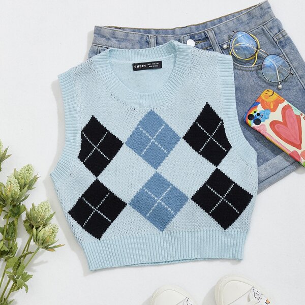 

Round Neck Argyle Pattern Sweater Vest, Baby blue