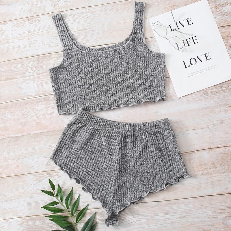 

Lettuce Trim Tank Top & Shorts Lounge Set, Grey