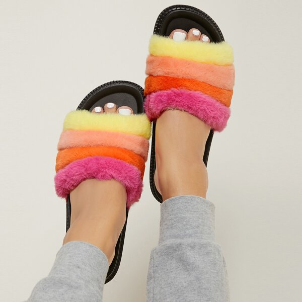 

Plush Rainbow Footbed Slides, Multicolor