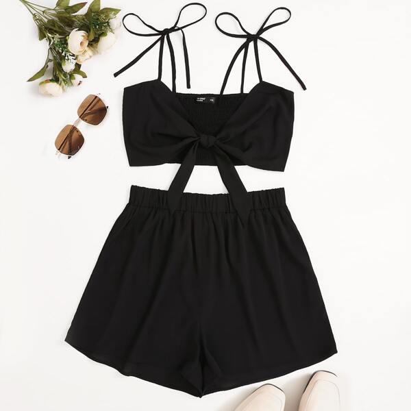 

Plus Tie Shoulder Knot Front Crop Cami Top With Shorts, Black