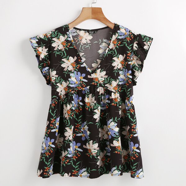 

Plus All Over Floral Print Butterfly Sleeve Blouse, Multicolor