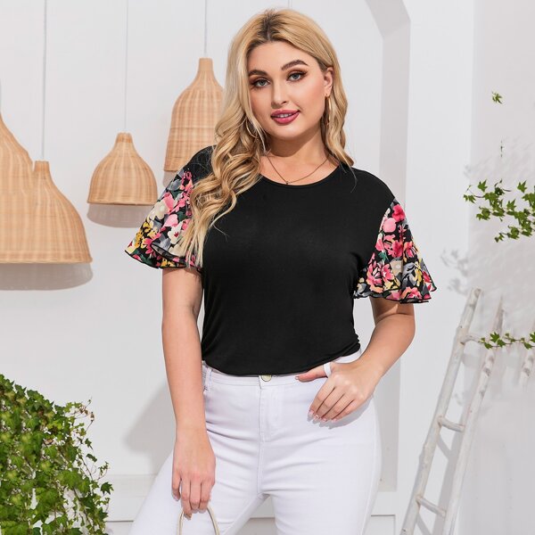 

Футболка размера плюс с цветочным принтом, Чёрный