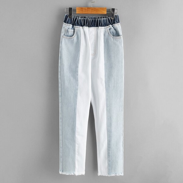 

Girls Contrast Panel Raw Hem Jeans, Multicolor