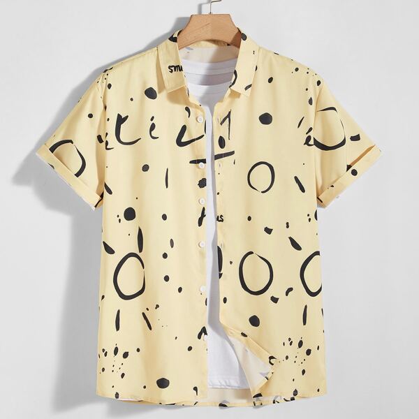 

Men Graphic Print Button Up Shirt, Yellow