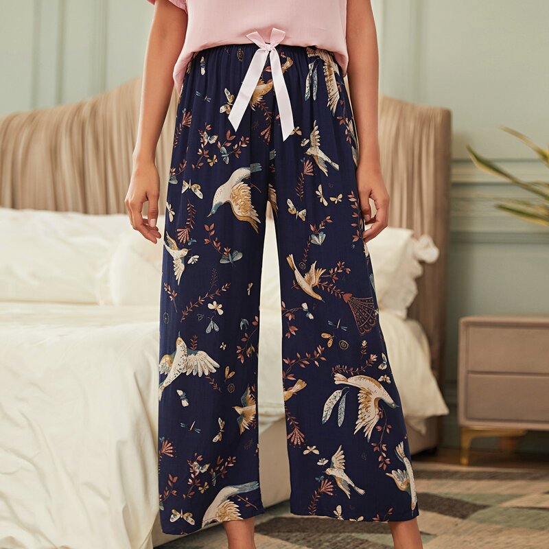 

Animal Print Bow Front Sleep Pants, Navy blue