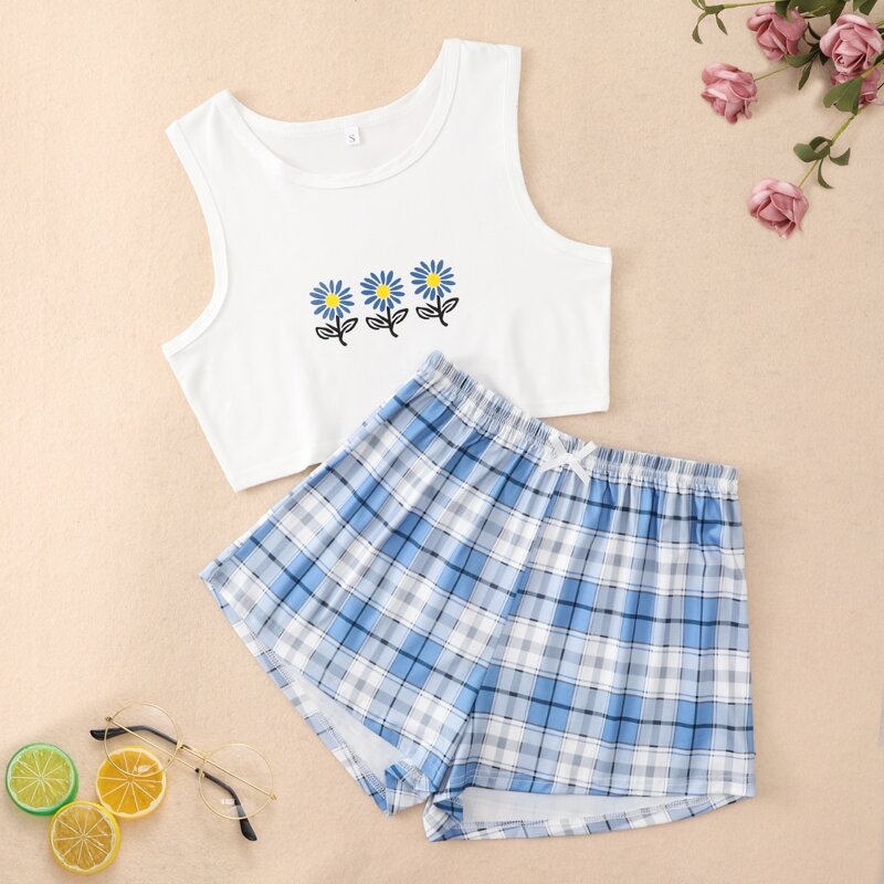 

Floral Top & Tartan Shorts PJ Set, Blue and white