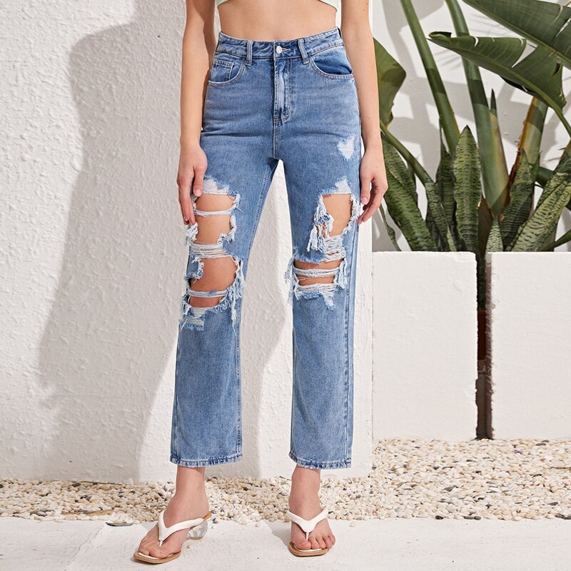 

High Waist Ripped Straight Jeans, Medium wash