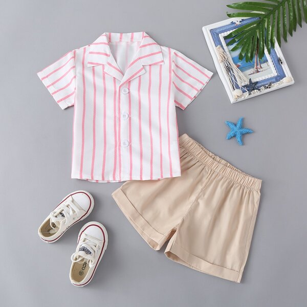 

Toddler Boys Striped Print Lapel Collar Shirt With Shorts, Multicolor