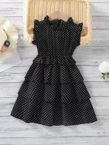 SHEIN Niñas Vestido de lunares cuello de volante a capas - Negro - Ver 1