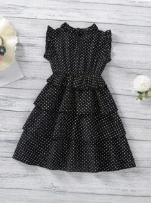 SHEIN Niñas Vestido de lunares cuello de volante a capas - Negro - Ver 2