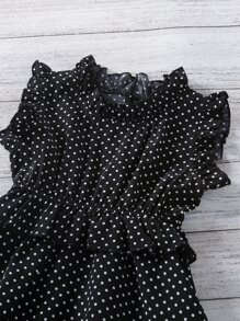 SHEIN Niñas Vestido de lunares cuello de volante a capas - Negro - Ver 4