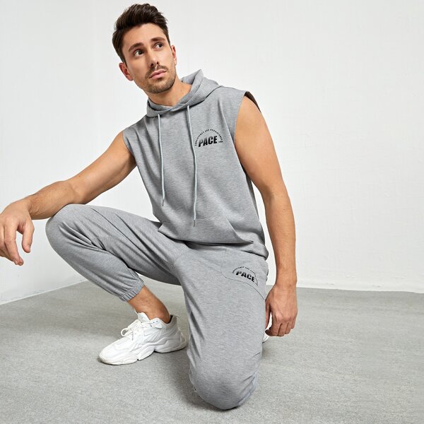 

Men Letter Graphic Drawstring Hooded Tank Top & Joggers Set, Light grey