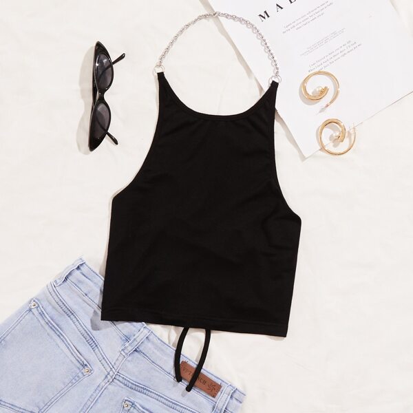 

Lace Up Back Chain Halter Top, Black