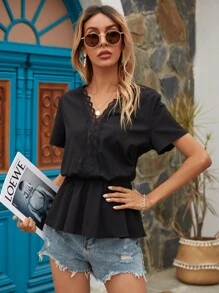 SHEIN Frenchy 蕾絲面露背襯衫 - 黑色 - 查看 2