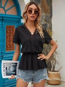 SHEIN Frenchy 蕾絲面露背襯衫 - 黑色 - 查看 4