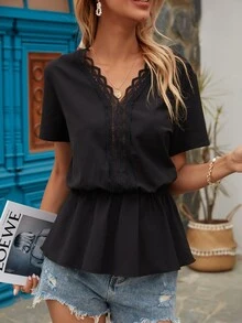 SHEIN Frenchy 蕾絲面露背襯衫 - 黑色 - 查看 5