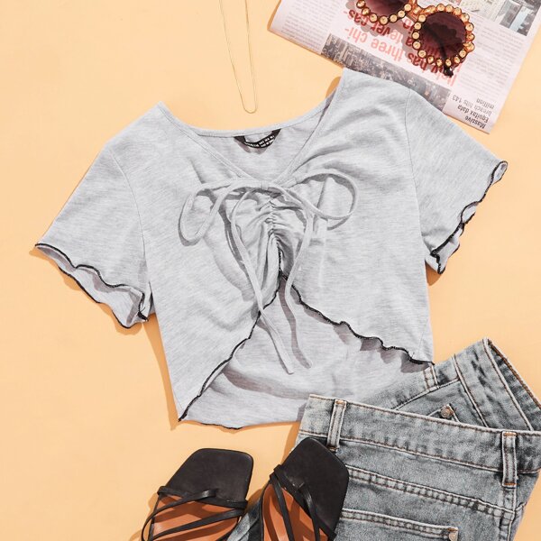 

Tie Front Ruched Lettuce Trim Tee, Light grey