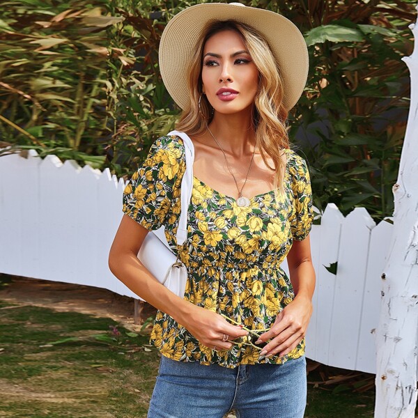 

Floral Print Peplum Top, Multicolor