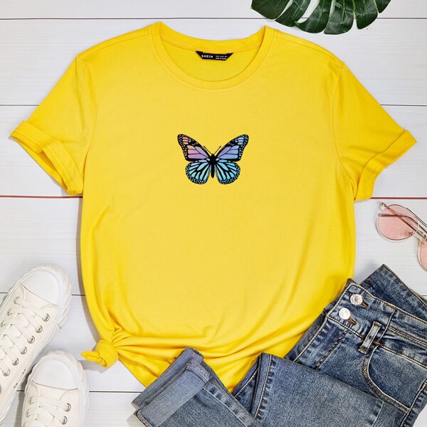 

Butterfly Print Short Sleeve Tee, Yellow