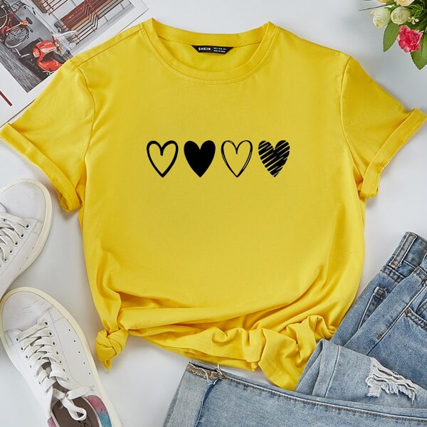 

Heart Print Round Neck Tee, Yellow