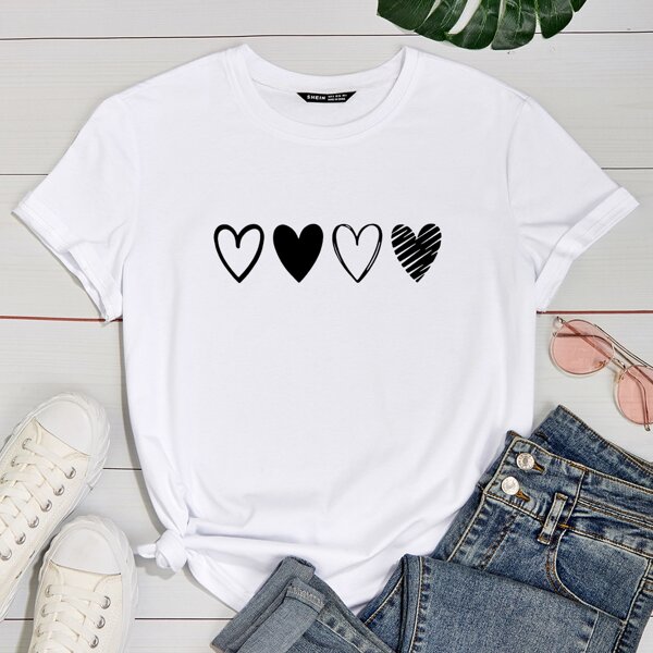 

Heart Print Round Neck Tee, White