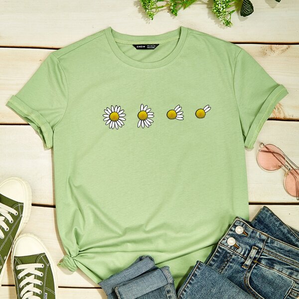 

Daisy Floral Print Short Sleeve Tee, Lime green