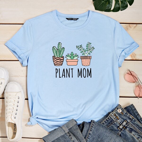 

Plants And Letter Graphic Tee, Baby blue