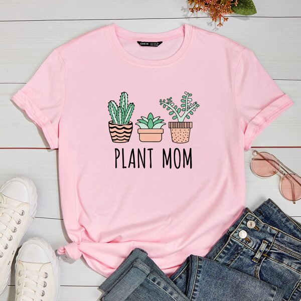 

Plants And Letter Graphic Tee, Baby pink