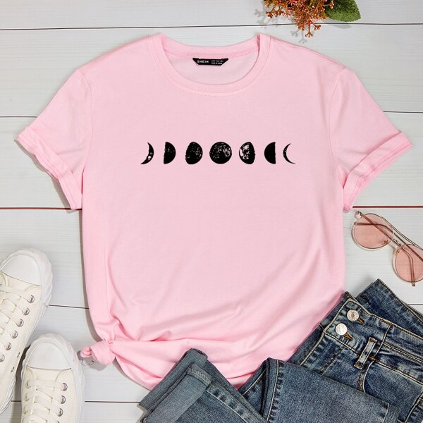 

Graphic Print Crew Neck Tee, Baby pink