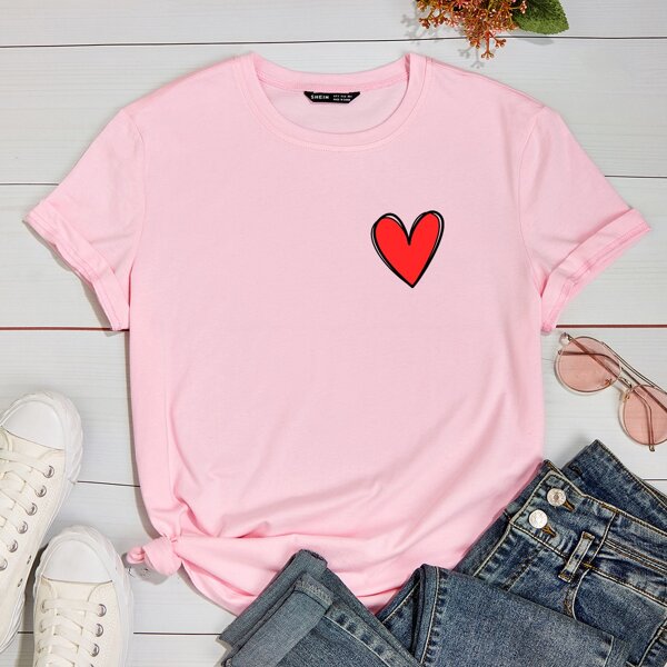 

Heart Print Short Sleeve Tee, Baby pink