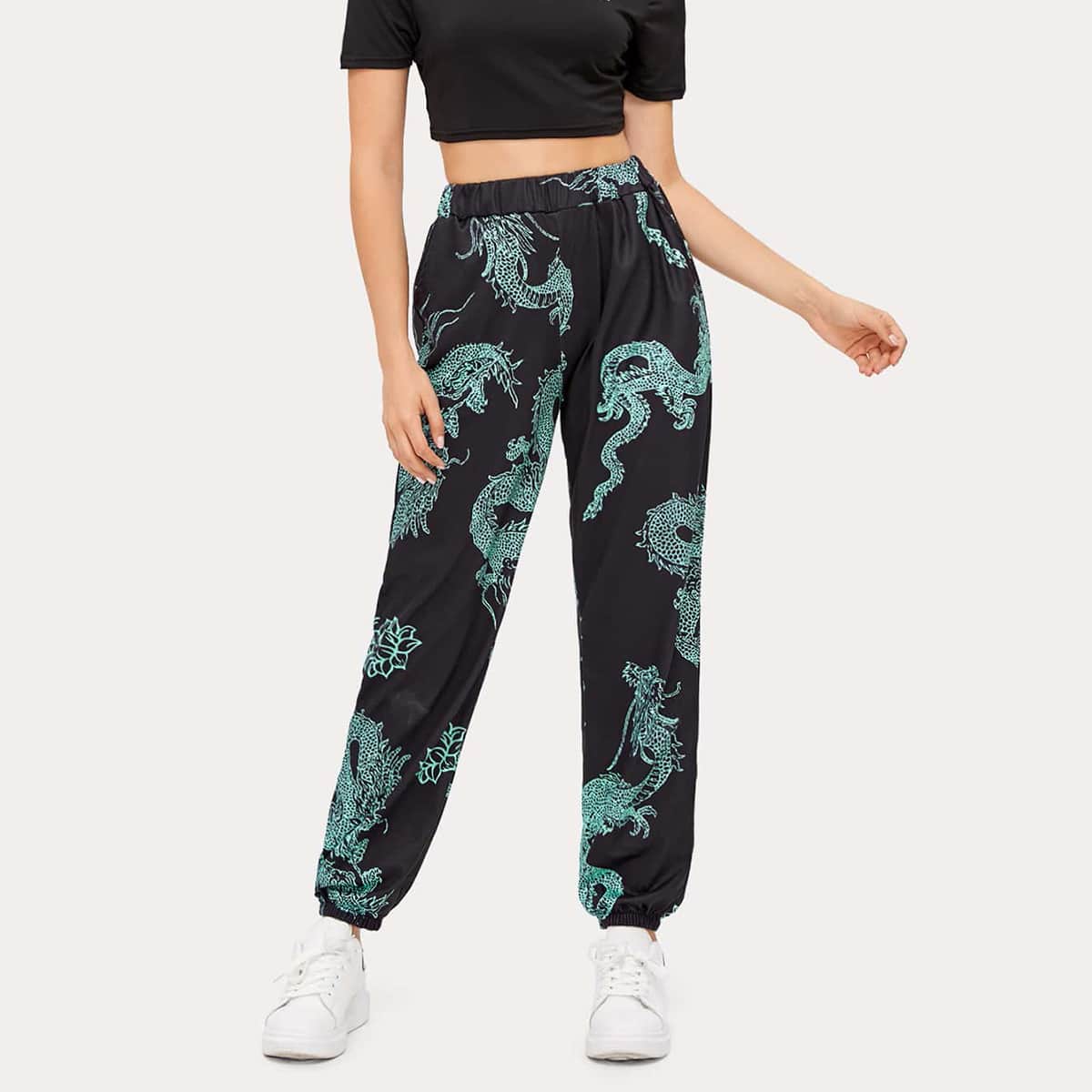 

Chinese Dragon Print Sweatpants, Black