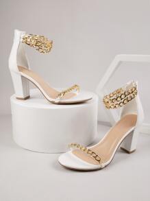 Curb Chain Faux Patent Leather Block Heels - White - View 2