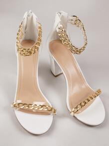 Curb Chain Faux Patent Leather Block Heels - White - View 4