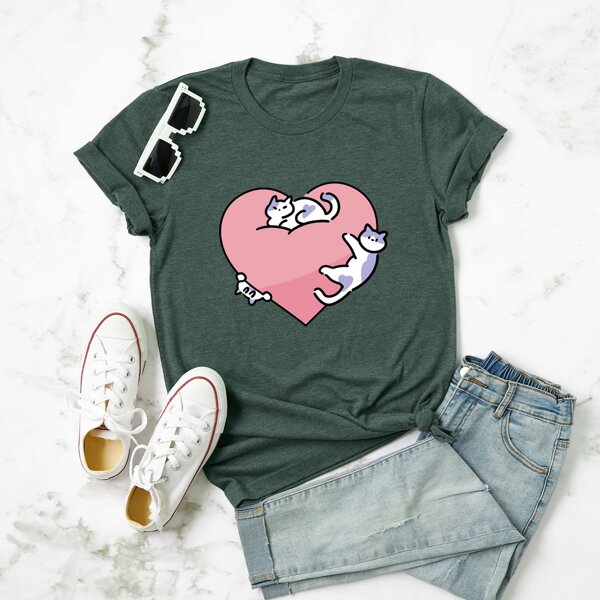 

Plus Heart And Cat Print Tee, Dark green