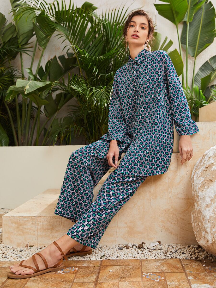 Seusyu Geo Print Button Front Blouse With Wide Leg Pants - Green - View 1