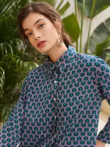 Seusyu Geo Print Button Front Blouse With Wide Leg Pants - Green - View 3