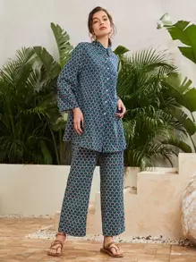 Seusyu Geo Print Button Front Blouse With Wide Leg Pants - Green - View 4