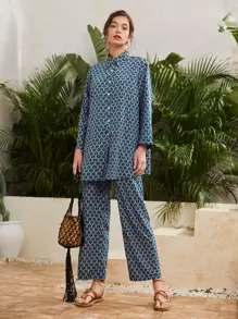 Seusyu Geo Print Button Front Blouse With Wide Leg Pants - Green - View 5