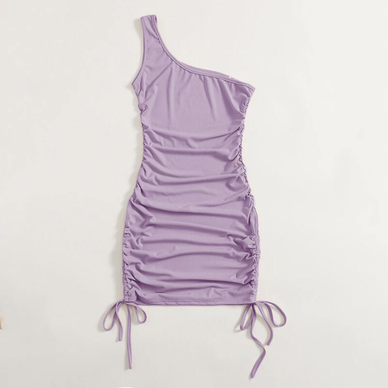 

One Shoulder Drawstring Ruched Dress, Lilac purple