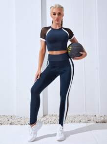 Yoga Futuristic 2 chiếc Quần thể thao tập gym có độ co giãn cao Lưới chèn bảng điều khiển Áo phông & Quần legging cạp rộng - Màu xanh hải quân - Xem 4