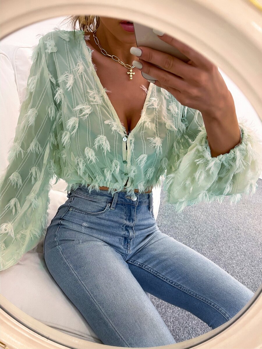 SHEIN Essnce Fringe Overlay Chiffon Crop Blouse - Mint Green - View 1
