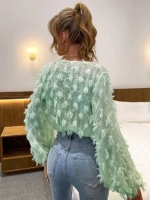 SHEIN Essnce Fringe Overlay Chiffon Crop Blouse - Mint Green - View 2