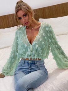 SHEIN Essnce Fringe Overlay Chiffon Crop Blouse - Mint Green - View 3