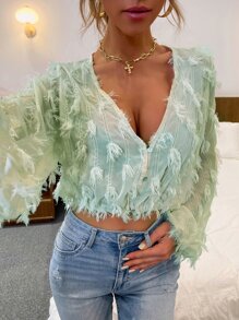 SHEIN Essnce Fringe Overlay Chiffon Crop Blouse - Mint Green - View 4