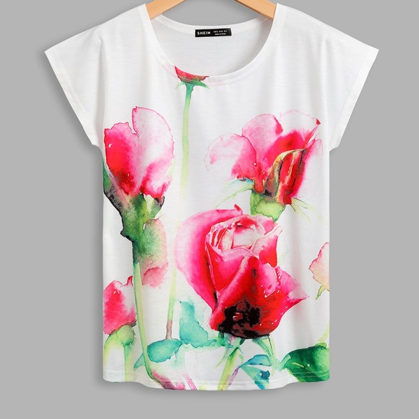 

Floral Print Batwing Sleeve Tee, White