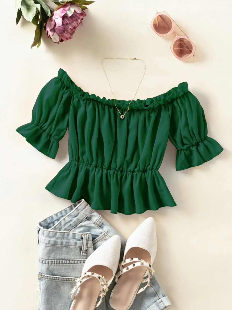 SHEIN SunnyBelle Áo sơ mi viền lá sen màu trơn Boho - màu xanh lá - Xem 1