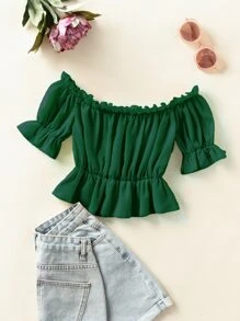 SHEIN SunnyBelle Áo sơ mi viền lá sen màu trơn Boho - màu xanh lá - Xem 2