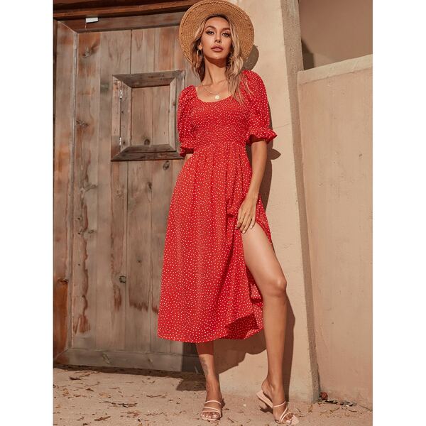 

Polka Dot Shirred Bodice Dress, Red